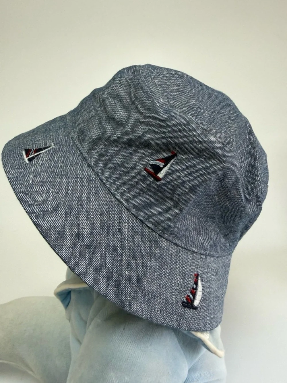 Janie - Jack Chambray Baby Bucket Hat Embroidered Sails Ships 6-12mo New